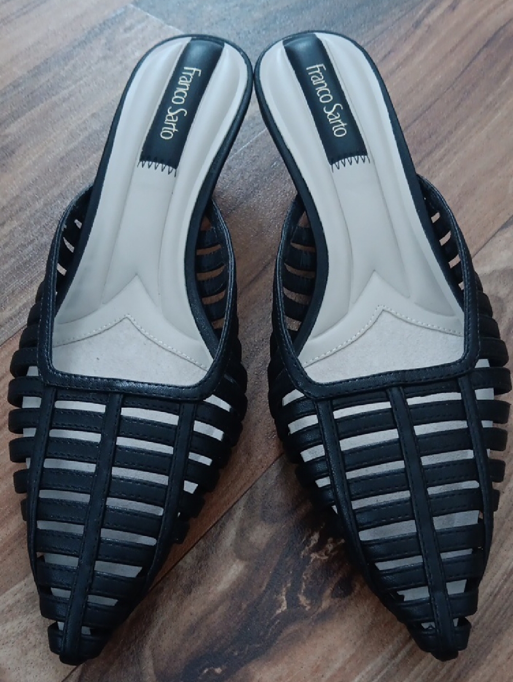 Franco Sarto Black and White Strappy Pointed-Toe Mule